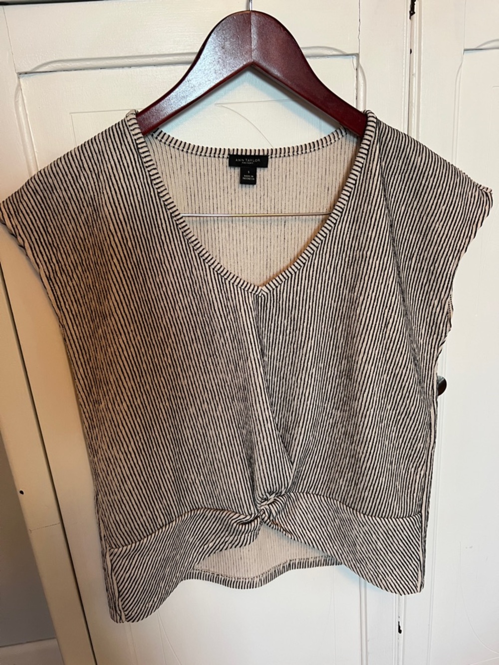 2/$7 Ann Taylor Black & White Striped V-Neck Knot-Front shirt